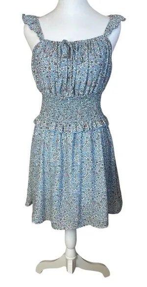 Altar’d State Blue Floral Milkmaid Peasant Dress Elastic‎ Waist Ruffle Small thumbnail 1