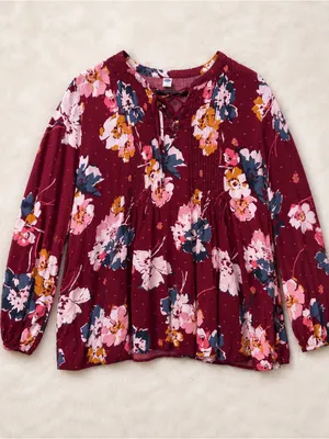 Old Navy floral blouse size‎ 16/18 ~burgundy lace-up v-neck ~ loose fit Fall top thumbnail 2