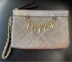 Juicy Couture Quilted Metallic Wristlet With Chain Strap &‎ Pink Crown Lining thumbnail 1