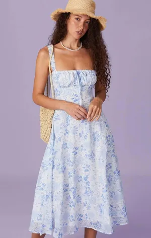 RIHOAS The Blue Square Neck Floral Ruched Midi Dress XS thumbnail 1