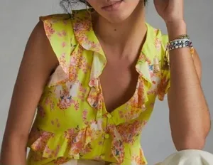 Maeve Anthropologie Ashlee Ruffled Blouse‎ 12 Yellow Floral V-Neck Sleeveless thumbnail 1