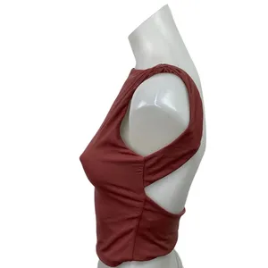 Qinsen Red Sleeveless High Neck Open Back Backless Tank Cami Crop Top Size M thumbnail 2