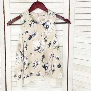 Astr the Label Floral Chiffon‎ Layered Split Black Crop Blouse Blush XS thumbnail 9