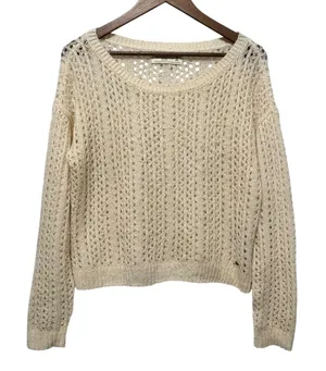 Y2K Abercrombie Women Cropped Sweater‎ M Cream Open Knit Wool Blend Cottagecore thumbnail 1