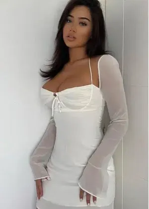 HOUSE OF CB Babydoll Halter Long Sleeve Minidress in Ivory Size X-Small thumbnail 13