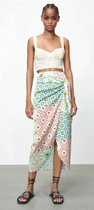 Zara Satin Floral Print Knot Twist Midi‎ Skirt Women's L Sarong Style Boho NWT thumbnail 1