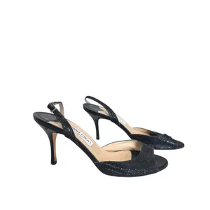 Jimmy Choo 41261 Black Glitter Peep Toe Slingback Heels Stiletto Italy Size 38‎ thumbnail 2