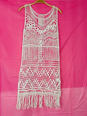 Love Riche White Crochet Fringe Swim Cover-Up with Pink Underlay thumbnail 2