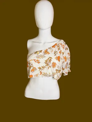 Petal & Pup One-Shoulder Floral Crop Top in Cream and Orange thumbnail 3