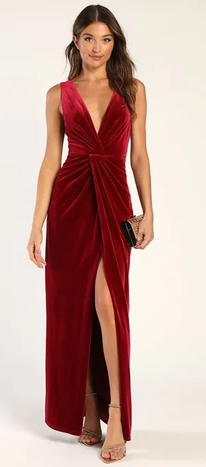 Lulus Beautiful Evenings Wine Red Velvet Twist-Front Maxi Dress Formal Small NWT thumbnail 1