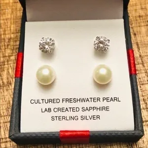 Sterling Silver Pearl & Lab White Sapphire Stud Earrings Set 2 Pair NWT thumbnail 4
