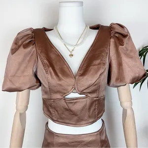 Elliatt Doris BrownPuff Sleeve Keyhole Crop Top & Mini Skirt Two Piece Set Small thumbnail 3