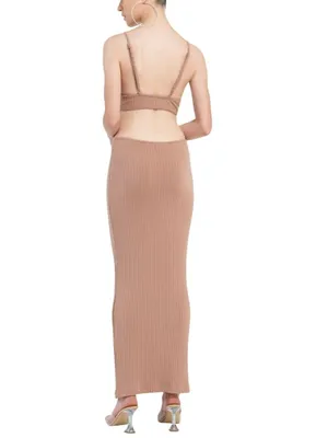 Kikiriki Vacay Ribbed Cut Out BodyCon MaxiDress Caramel Brown Size Small NWT thumbnail 2