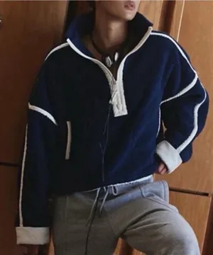 Free People FP Movement Mountain High 1/2 Zip Fleece Pullover in Dark Navy Blue thumbnail 1