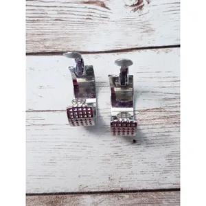 Vintage Clip On Earrings - Square Design Silver Tone Hoops 7/8" thumbnail 4