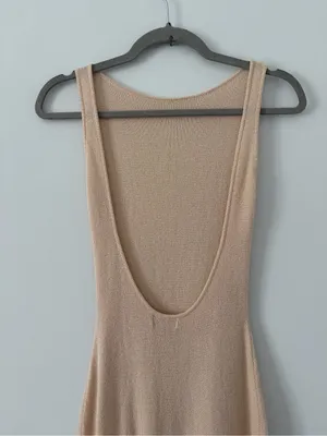 Meshki Maxine Sheer Knit Sleeveless Low Back Fitted Maxi Dress Tan Wheat XS thumbnail 7