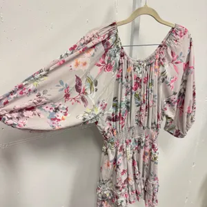Here Comes the‎ Sun Floral Romper Small Pink Smocked Waist Ruffle Hem Small Boho thumbnail 3