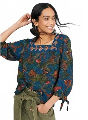 Anthropologie Farm Rio Bianca Blouse Puffed Sleeve Jungle Print Square Neck XS thumbnail 1