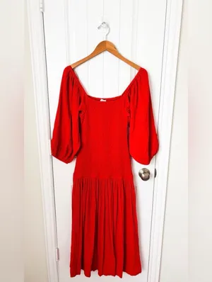 RHODE Harper Smocked Cotton Gauze Midi Dress Size Medium thumbnail 3