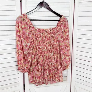 Nanette Lepore Cottagecore Floral Smocked Peplum‎ Puff Sleeve Blouse Pink Large thumbnail 7