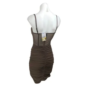NEW Sundays Brown Ruched Sleeveless Cami Camisole Bodycon Corset Tank Dress Sz M thumbnail 2