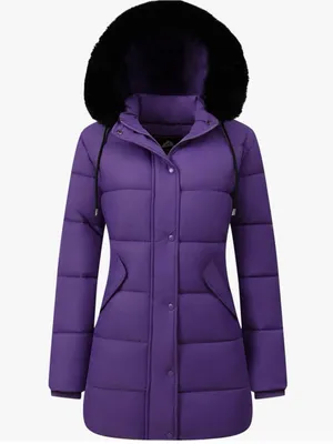 Women's Long Insulated Quilted Winter Puffer Coat Purple Medium Size thumbnail 3
