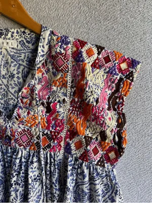 THML Blouse Floral Embroidery Tiered Boho Peasant Hippie Tassled thumbnail 3