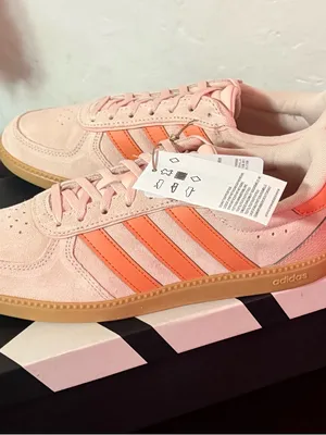 adidas Pink Suede Sneakers with Orange Stripes and Gum Sole thumbnail 2