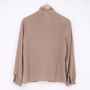 Joanna Blouse Womens 12 Vintage Ruffle Front Pinstripe Tan Button-Down Excellent thumbnail 5