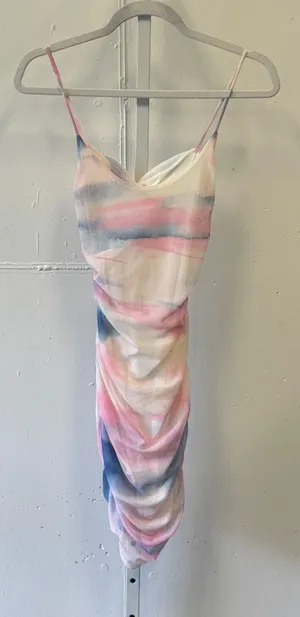 NWT Windsor Pink Blue Watercolor Ruched Mesh Bodycon Mini Dress Cutout Back Sm thumbnail 1