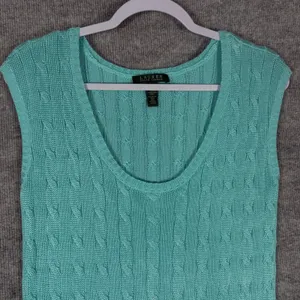 Lauren Ralph Lauren Size-M Top Sweater Vest Aqua Turquoise Cable Knit Scoop Neck thumbnail 5