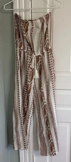 ELAN‎ Small Tan Beige Striped Linen Strapless Wide Leg Cropped Jumpsuit Lounge thumbnail 1