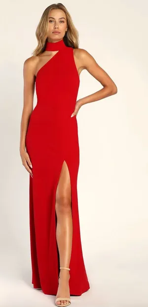 Lulus Keep It Interesting Red Asymmetrical Cutout Halter Maxi Dress Long XL NWT thumbnail 1