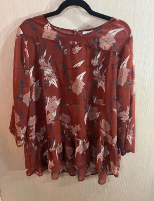 Women’s LOGO Floral Peasant Blouse - Rust Pink and Brown Size Large thumbnail 1