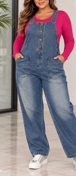 Chouyatou~Women's Faded Blue Denim Overalls - Classic Relaxed Fit. XL thumbnail 1
