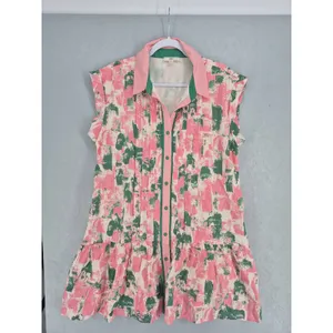 Entro Womens Mini Dress Pink Green Abstract Brushstroke Tiered Ruffle Large thumbnail 2