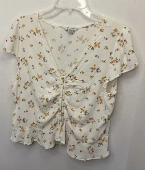 American Eagle Short Sleeve Printed V Neck Blouse Top Shirt Cream Floral Crop XL thumbnail 1