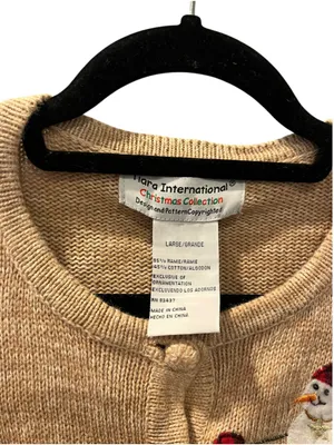 VTG Tiara International Christmas Sweater Cardigan L Tan Knit Snowman Tree Ugly thumbnail 3