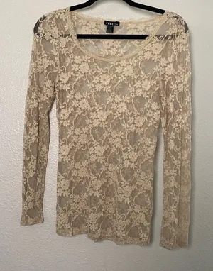 Tan Sheer Lace Top Medium Fairycore Festival Mesh Bohemian Boho Hippie Layering thumbnail 1