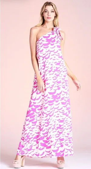 One Shoulder Pink Feather Print Slip Dress Side Slit Beach Summer Casual Medium thumbnail 1
