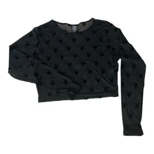 Play Boy Women Crop Top Size L/XL Black Lace Sheer Long-Sleeve Scoop-Neck Blouse thumbnail 1