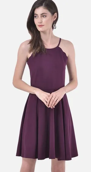 Socialite‎ Purple Plum Small Scalloped Mini Skater Halter A-Line Dress Keyhole thumbnail 1