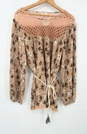 POL Floral Tunic Flowy Top Balloon Sleeves Rope Belt Large Crochet‎ Lace Boho thumbnail 1