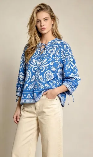 NWOT John Mark Linen Blend Floral Smocked Sleeves Top Blouse Shirt Blue Size M thumbnail 1