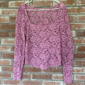 Intimately Free People Long Distance Floral Lace Shirt Women’s Large Pink Angel thumbnail 2