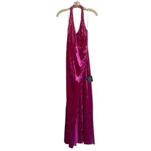 NWT LULUS Alluring Elegance Hot Pink Crushed Velvet Halter Maxi Dress Pink XS thumbnail 8