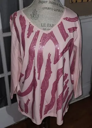 Quacker Factory Womens Light Pink Embellished Seguin Long Sleeve Shirt Top Large thumbnail 1