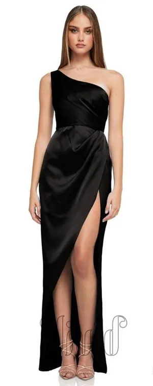 NWT Nookie Sz M Virtue Black One Shoulder Thigh High Slit Evening Cocktail Gown thumbnail 1