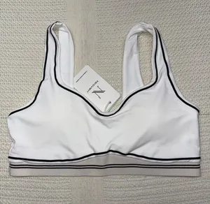 White Sports Bra with Taupe Band and Black Piping thumbnail 1