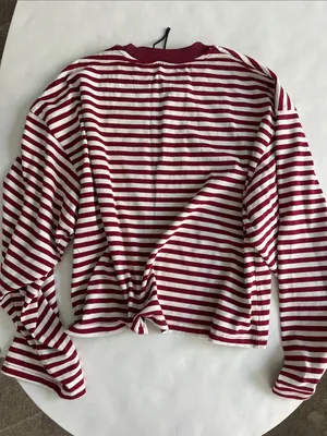 LIONESS Bloom Long Sleeve Top in Wine Stripe Red White XXS (Oversized) $69 thumbnail 5